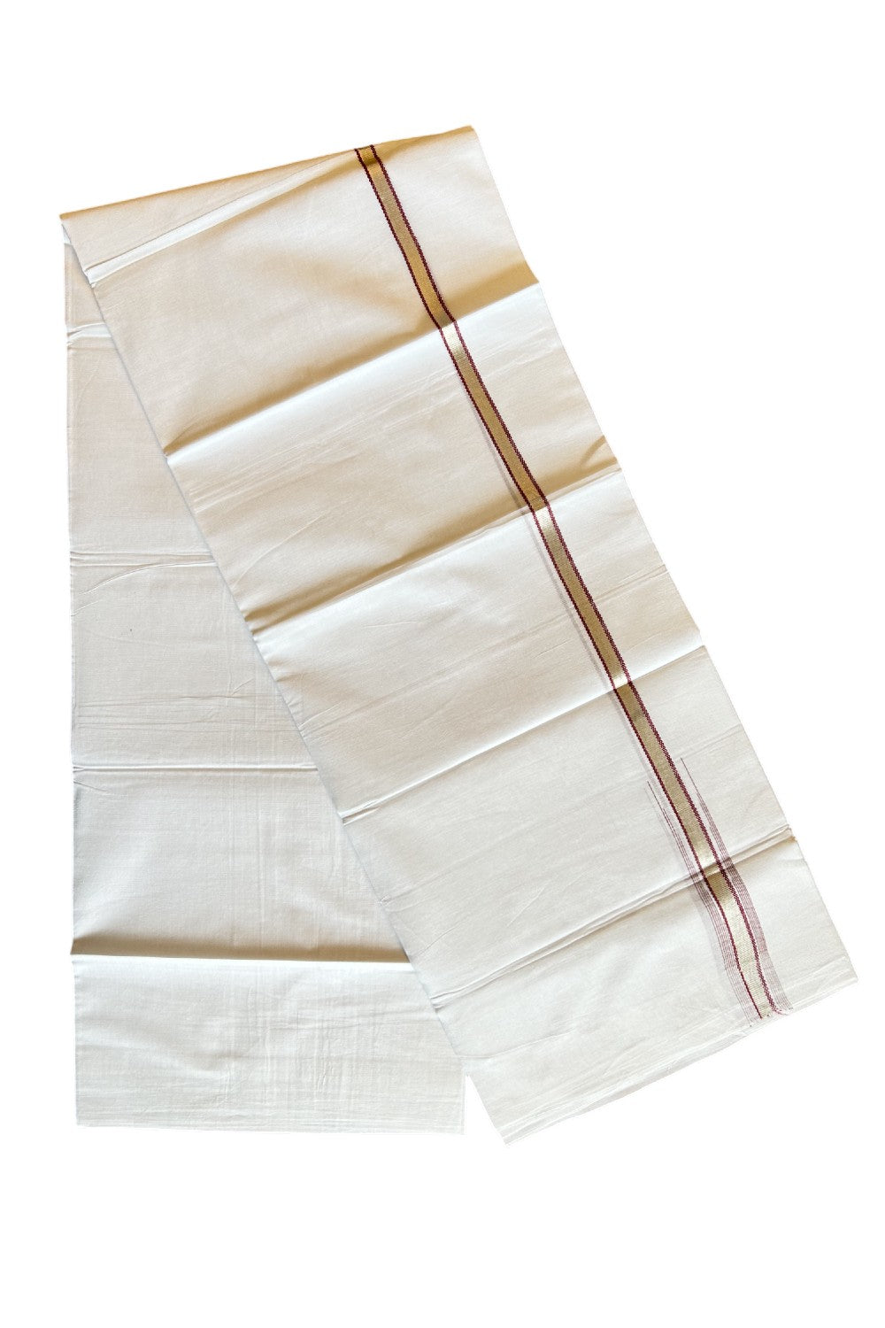 8% Discount ! Kaitharikada Balaramapuram 100% Cotton PURE WHITE Double Mundu/Dothi- 0.5 inch Silver Kasavu & Maroon Striped Chutty Kara - 30KK5032GAN