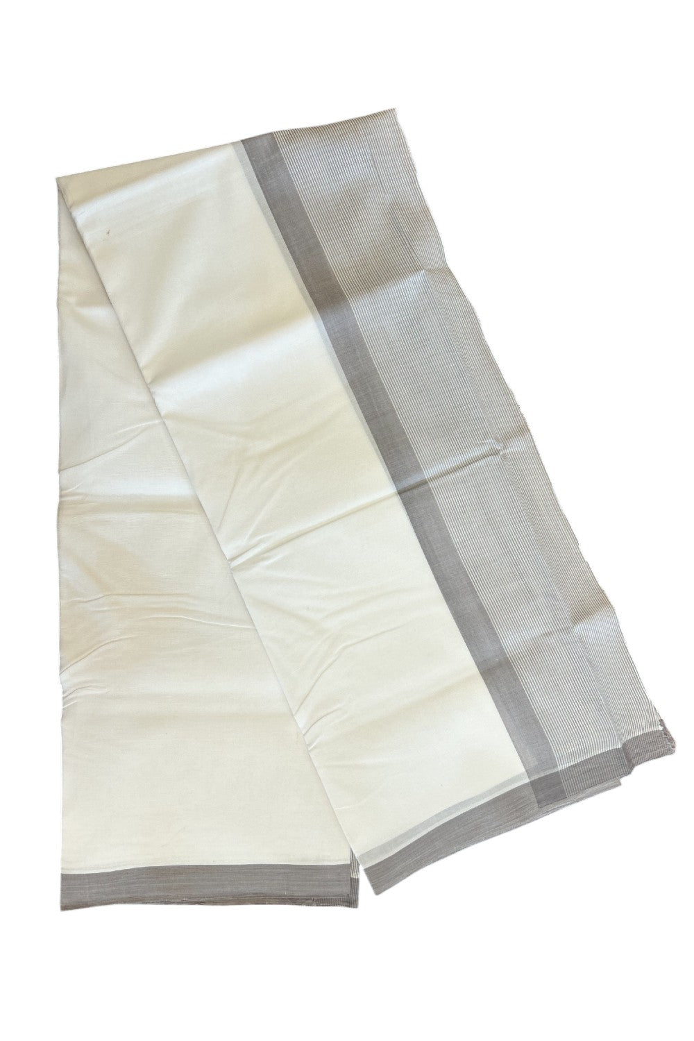 30% DISCOUNT!! KaithariKada Balaramapuram 100% Cotton PURE WHITE Double Mundu/Dhoti-100x100 - 5 inch Grey & white striped kara - 30KK5043ASH