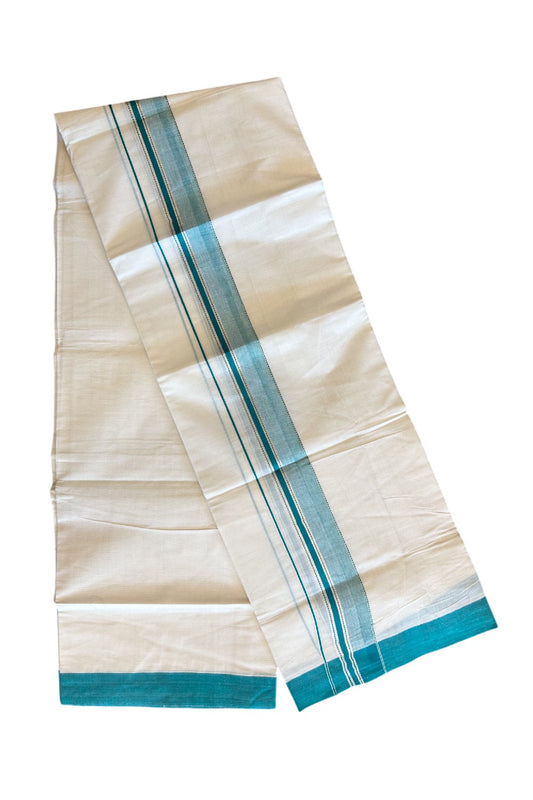 10% DISCOUNT ! KaithariKada Balaramapuram 100% Cotton Double Off white - (Unbleached) - Mundu/Dhoti-100X100- 2.25inch SILVER KASAVU & PEACOCK BLUE Kara - 1.