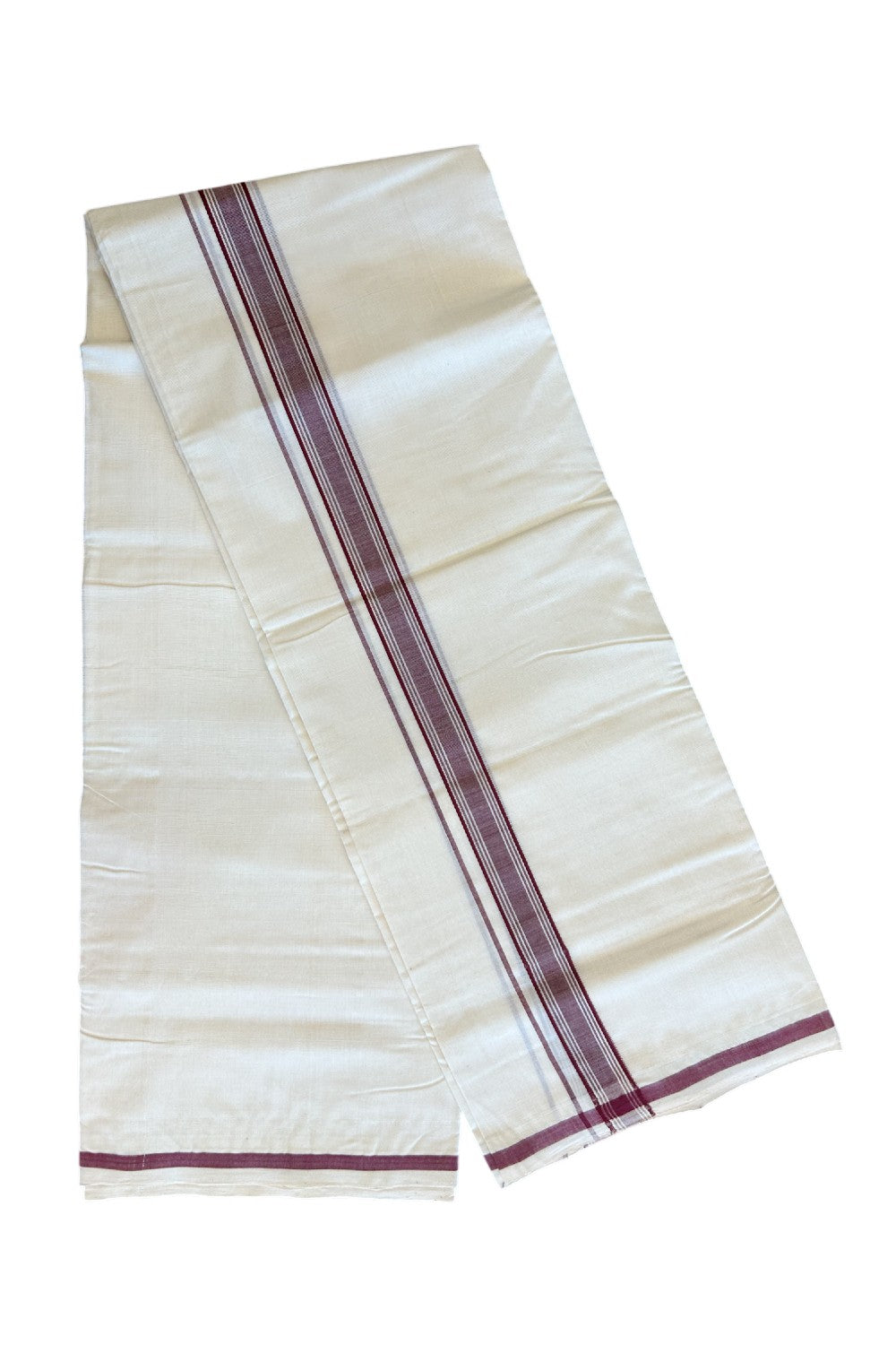 23% DISCOUNT! KaithariKada BALARAMAPURAM HANDLOOM Unakkupaav- 100% PURE Cotton 100x100 Double Mundu/Dhoti OFF WHITE (Unbleached) - Maroon Stripes Kara