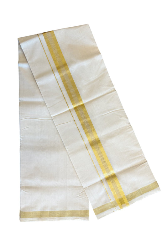 21 % DISCOUNT ! KaithariKada HANDLOOM Unakkupaav Balaramapuram - 100% PURE Cotton Off White - (Unbleached) Double Mundu/Dhoti - 2 INCH KASAVU STRIPES  KARA - 6KK71RAM