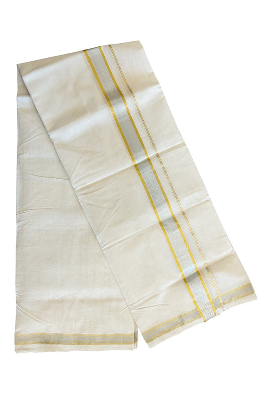 21% DISCOUNT ! KaithariKada HANDLOOM Millpaav Balaramapuram - 100% PURE Cotton Off White (Unbleached) Double Mundu/Dhoti - Gold Kasavu & Silver Kara- 45KK203RAM