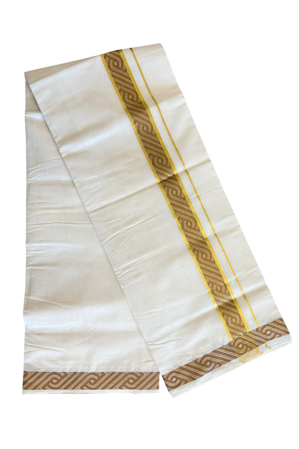 30% DISCOUNT ! KaithariKada HANDLOOM Unakkupaav Balaramapuram - 100% PURE Cotton Off White - (Unbleached) Double Mundu/Dhoti - 2.5 inch Gold Kasavu Striped Design Kara - 30KK5105RAM