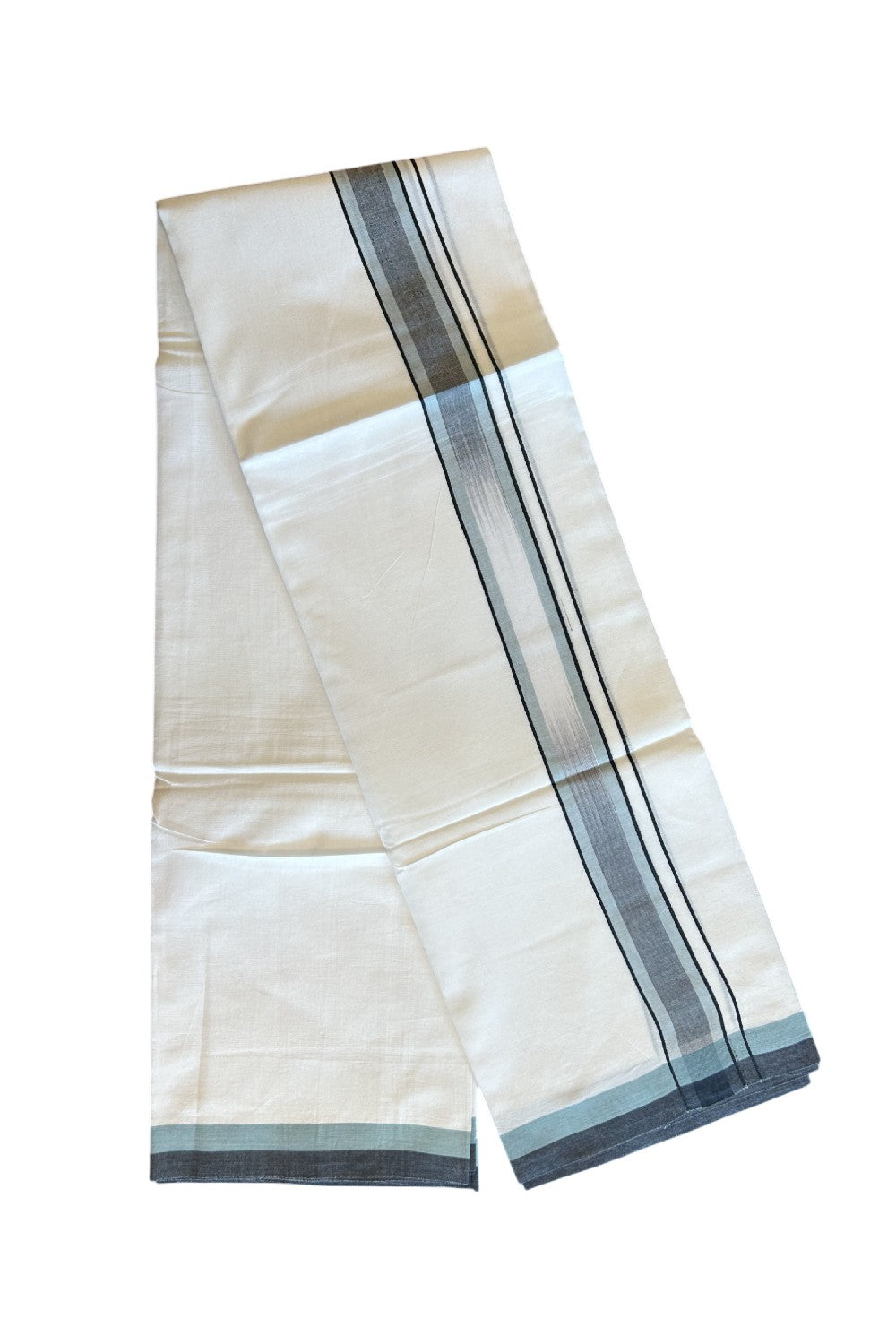 20% DISCOUNT!! KaithariKada Balaramapuram 100% Cotton PURE WHITE Double Mundu/Dhoti - 100x80 - 1.75 inch Pestel Blue & Black Shaded stripes Chutty kara - 30KK5109THI