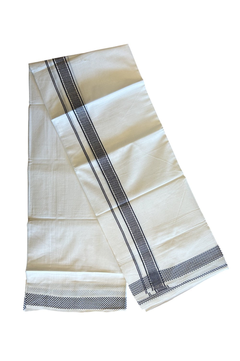 20% DISCOUNT! KaithariKada Balaramapuram 100% Cotton Double PURE white Mundu/Dhoti - 100x80 - 1.75 Inch Navy Blue Check Kara - 30KK5112PMC