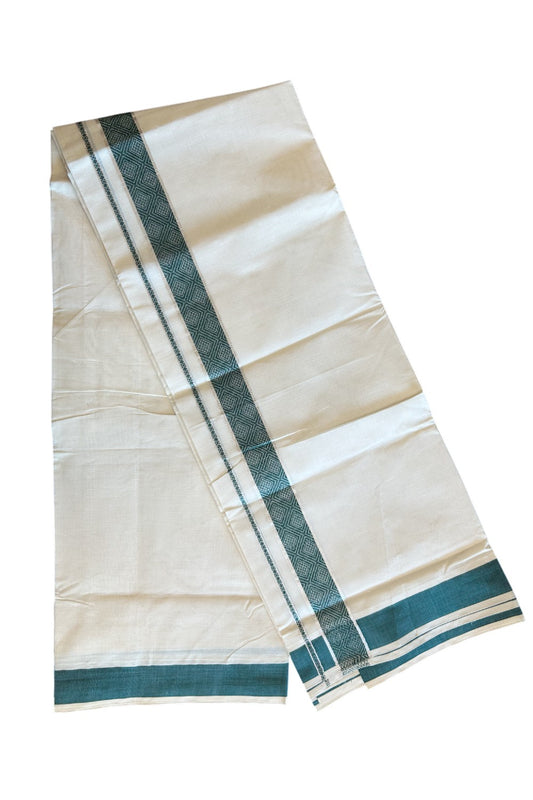 20% DISCOUNT ! KaithariKada Balaramapuram 100% Cotton Double off white  (Unbleached) Mundu/Dhoti - 100X90 - 2.25 inch Silver kasavu & Dark Green design kara - 30KK5113PMC