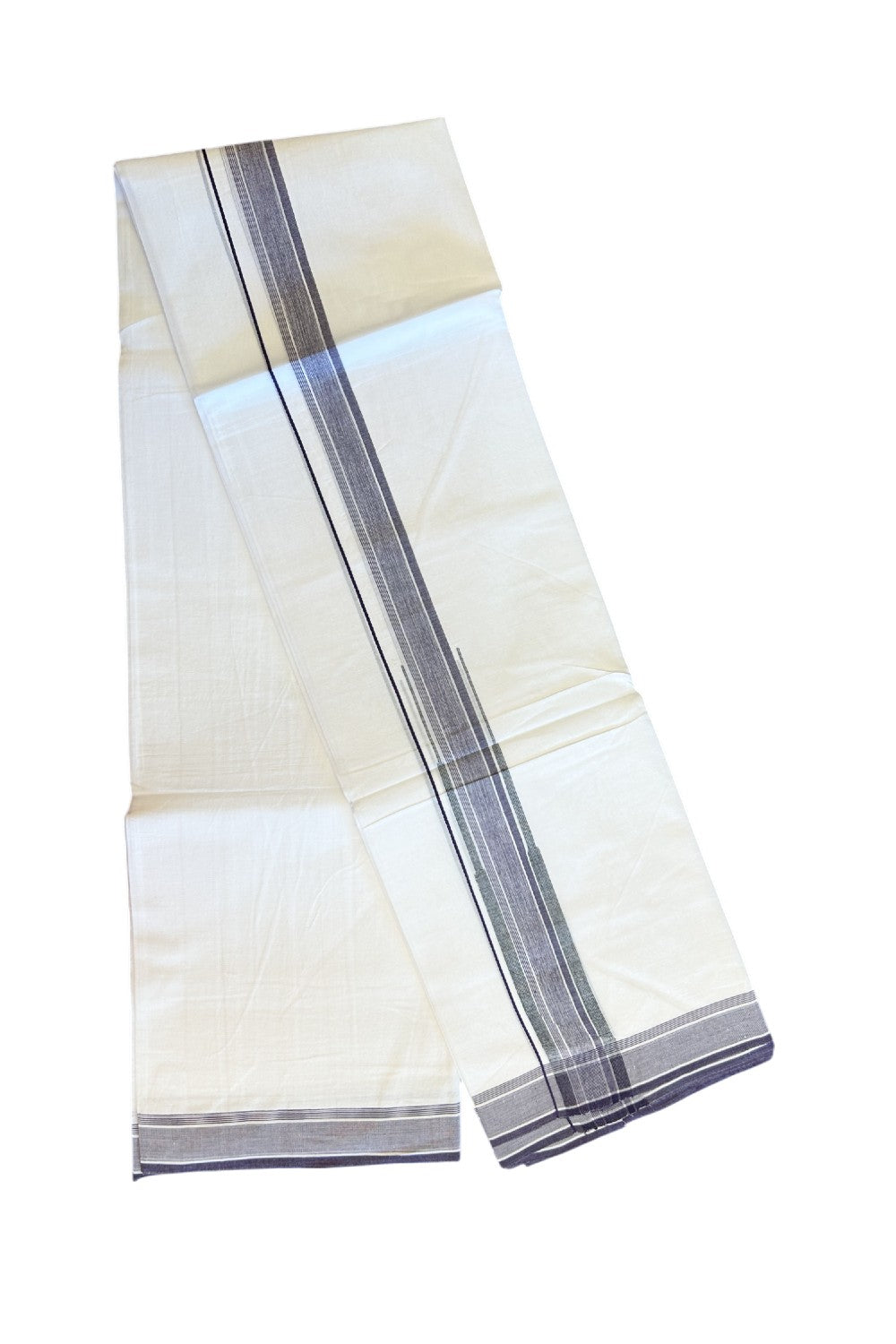 20% DISCOUNT!! Kaitharikada Balaramapuram 100% Cotton PURE WHITE Double Mundu/Dothi-80X90 - 1.75 Inch Wine Purple & Black Striped Chutty Kara 3.70m (8 Muzham) - 49KK5115THI