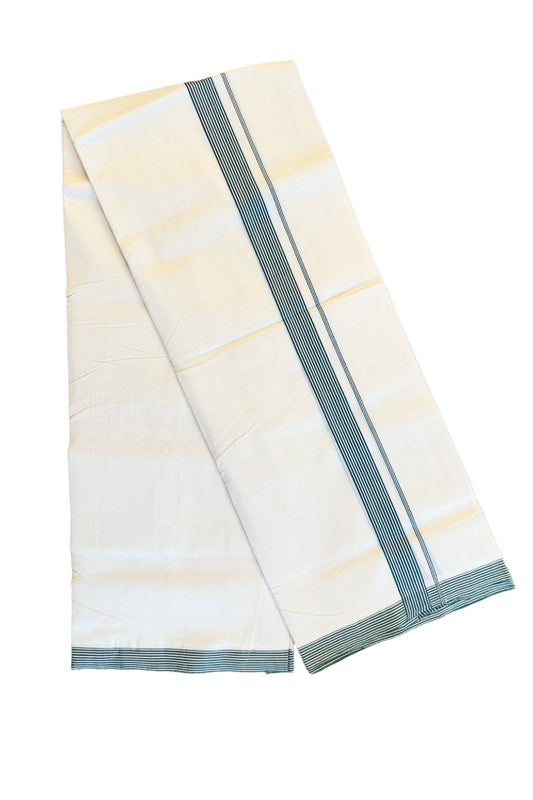 15% DISCOUNT!! KaithariKada HANDLOOM Unakkupaavu Balaramapuram - 100% PURE Cotton OFF White (Unbleached) Double Mundu/Dothi - GREEN Striped 1 inch Kara- KK46SOM-30.