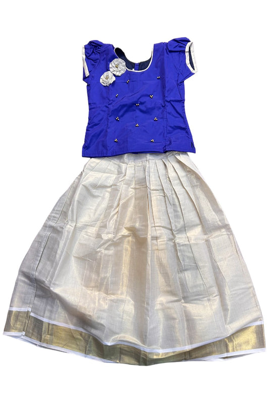 Midukki-Traditional South Indian Kids Pattu Pavada- Blue top with beads work tissue skirt- Age 10 - KK10MID0030