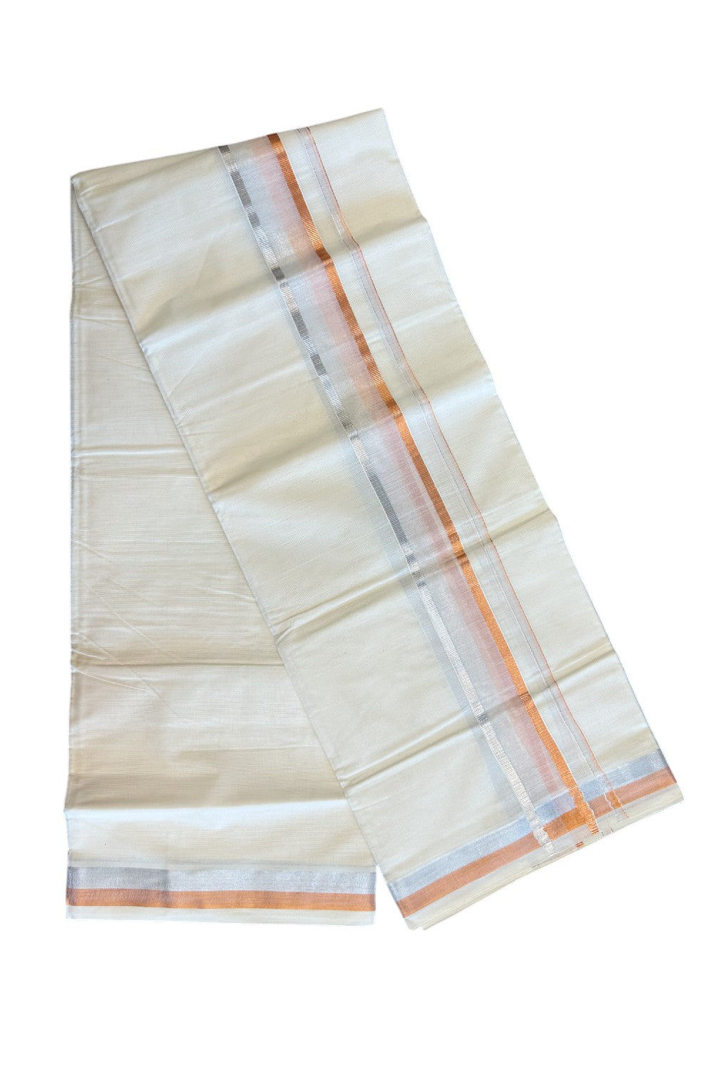 7% Discount KaithariKada Balaramapuram 100% Cotton Double Off white - (Unbleached) - Mundu/Dhoti- 80x72 - 2.75 inch Silver & Copper Kasavu - 234