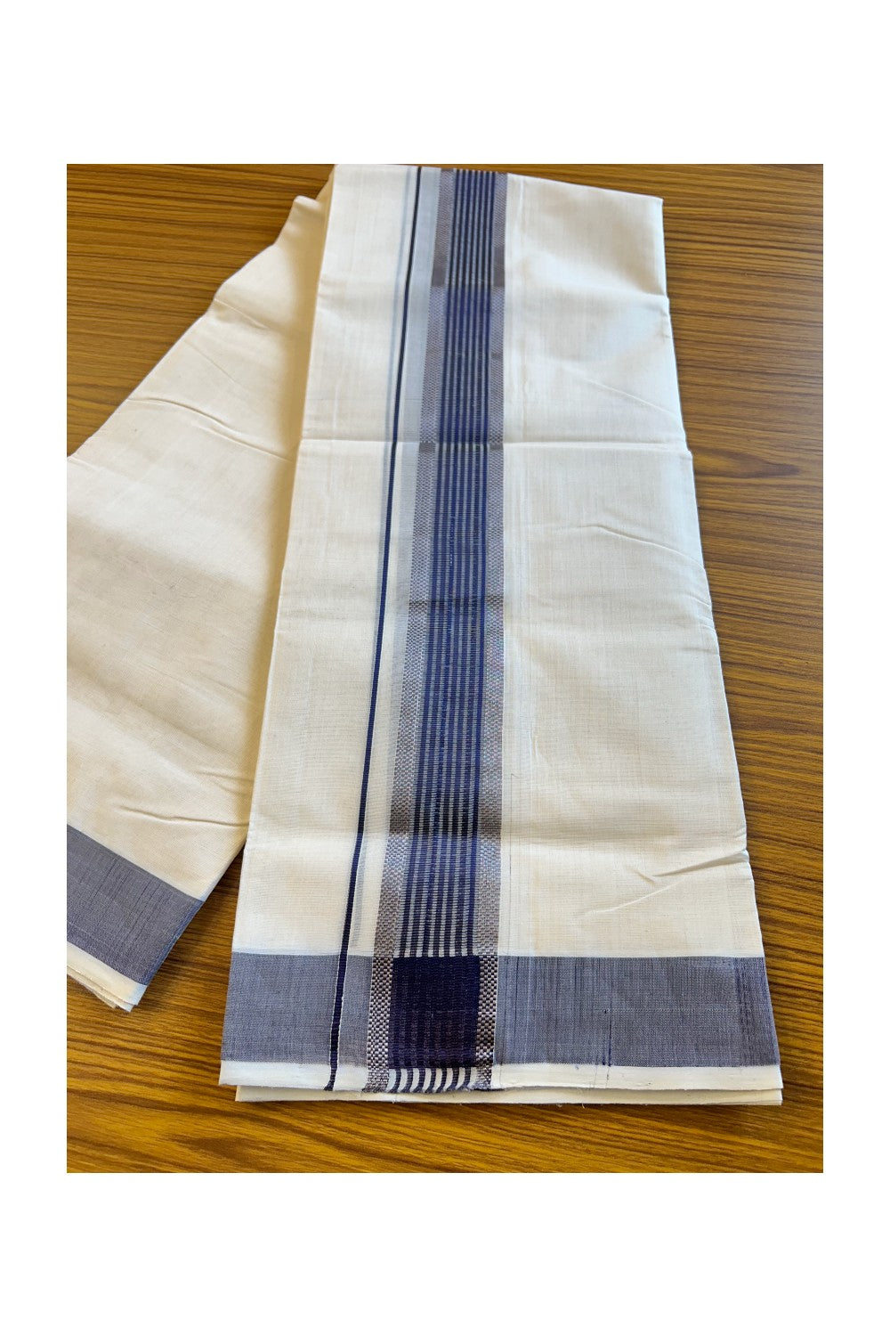 21% DISCOUNT!! KaithariKada HANDLOOM millpaav Balaramapuram - 100% PURE Cotton OFF White Double Mundu/Dothi - 2.75 inch Blue & Striped kara - 30KK203RAM