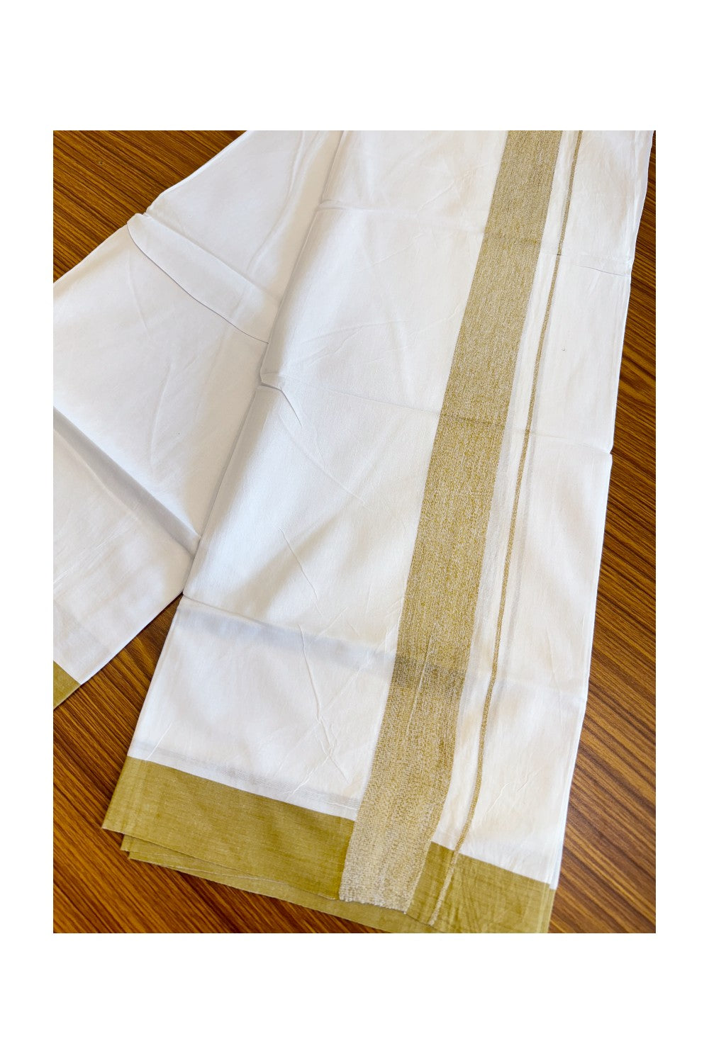 19% DISCOUNT! KaithariKada Balaramapuram 100% Cotton Ultra WHITE Double Mundu/Dhoti-100x80   2.25 Inch Light Sage Green Shaded Cotton kara-30KK41VIN