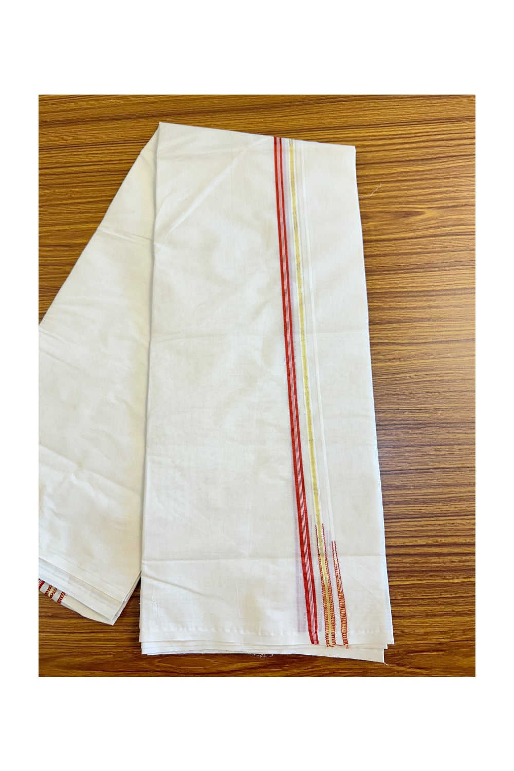 22% Discount Latest!! KaithariKada Balaramapuram 100% Cotton Off white (Unbleached) Double  Mundu/Dhoti-100x100 1.cm  Puliyilakkara Brick Red Striped kara & Kasavu Double Chutty - Above 4 meters - 30KK455ASH