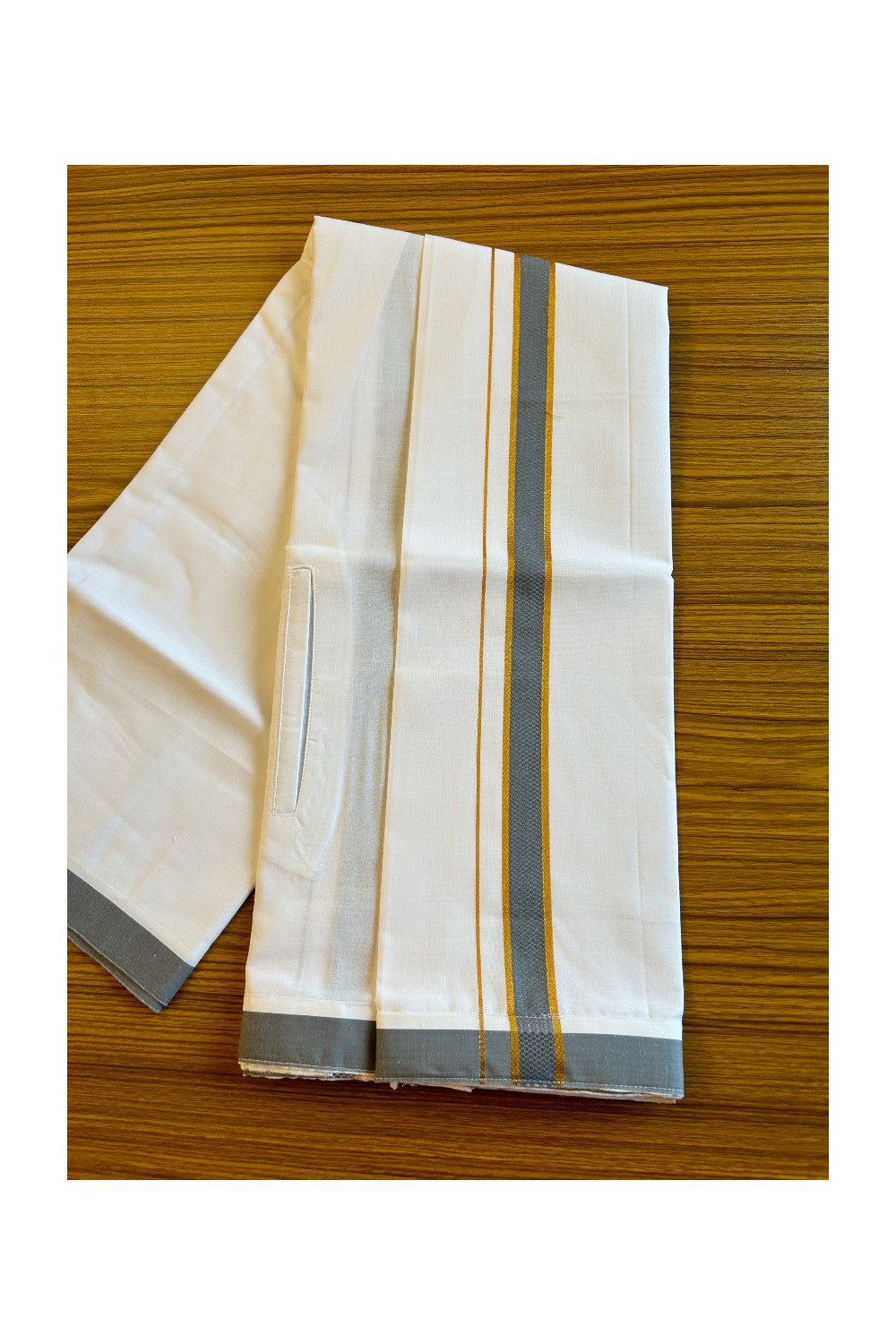 KaithariKada Balaramapuram COTTON SINGLE PURE WHITE VELCRO Mundu/Dhoti - 1.75inch Ash Gray &  Kasavu kara - 30KK485SRI