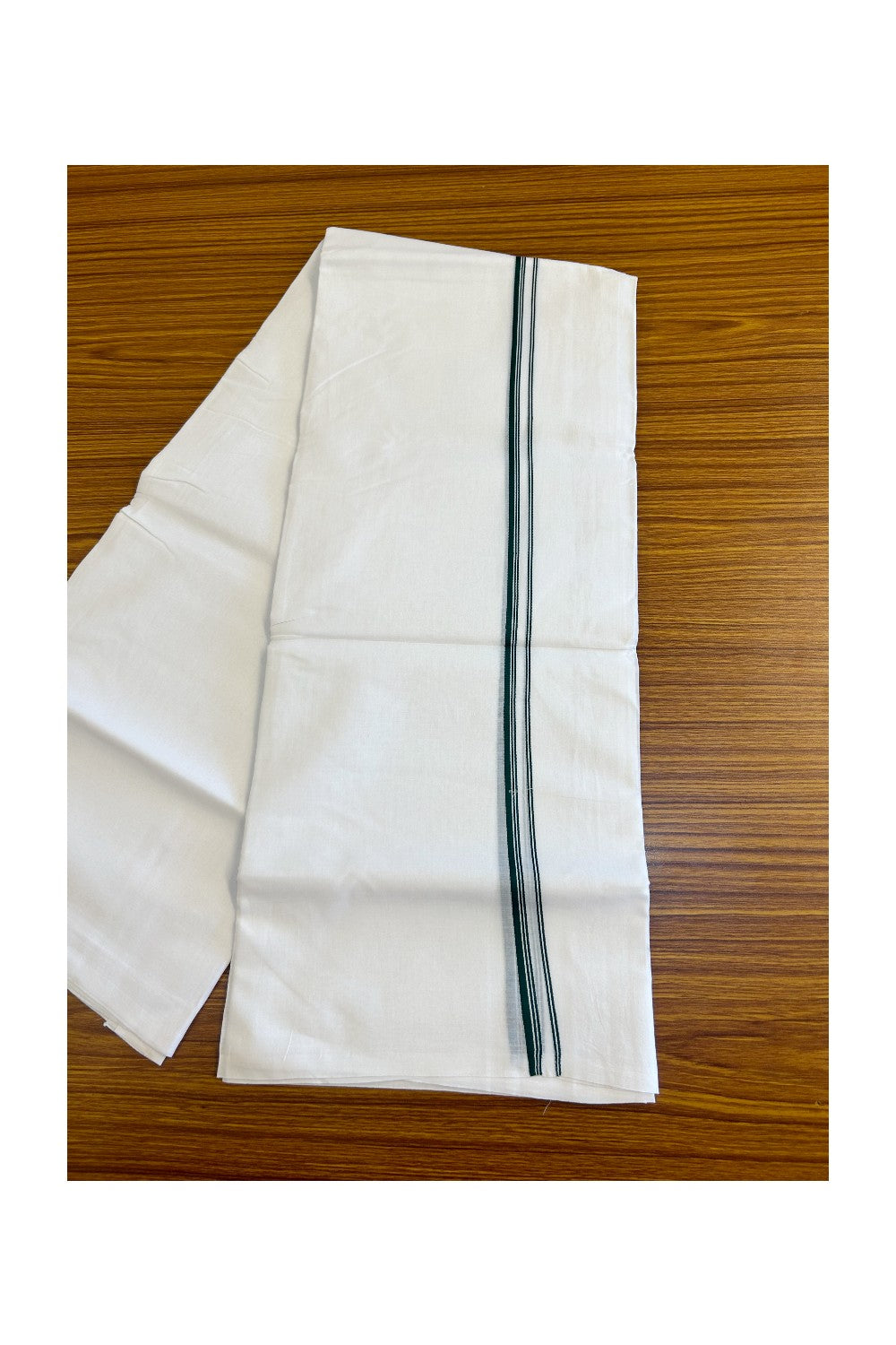 26% DISCOUNT ! KaithariKada Balaramapuram 100% Cotton Double Pure white Mundu/Dhoti-100X100 - Dark Green & Stripes 2cm Kara. - 33KK487KK