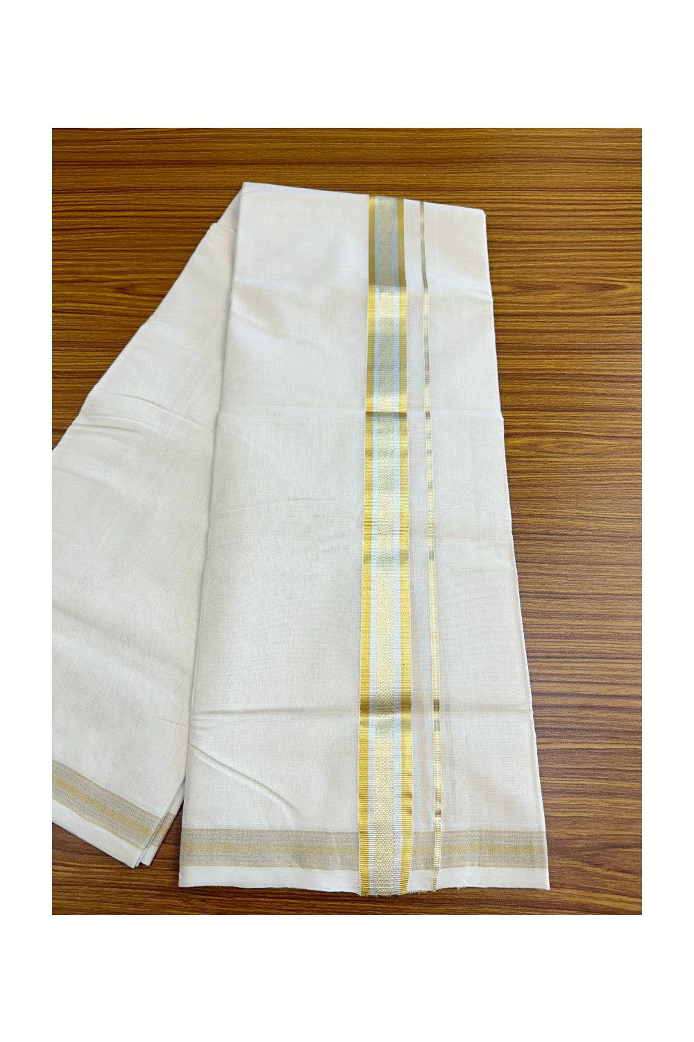 8% DISCOUNT ! KaithariKada HANDLOOM Millpaav Balaramapuram - 100% PURE Cotton Off White Double - (Unbleached) Mundu/Dhoti - 2.45 inch Gold Kasavu & Silver stripes Kara- 30KK5029RAM