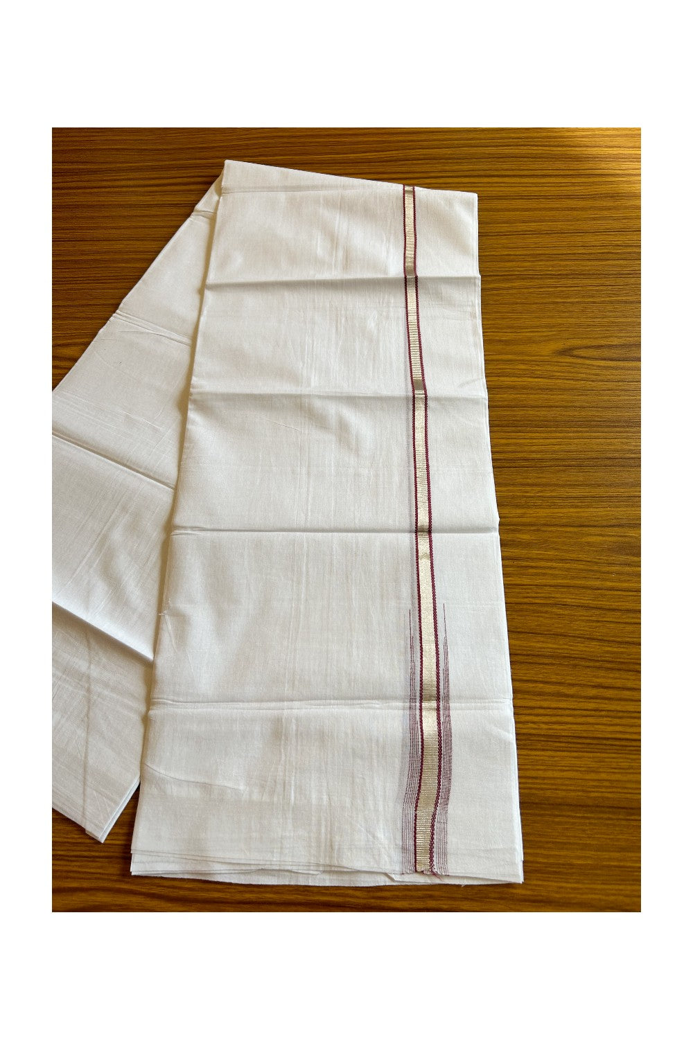 8% Discount ! Kaitharikada Balaramapuram 100% Cotton PURE WHITE Double Mundu/Dothi- 0.5 inch Silver Kasavu & Maroon Striped Chutty Kara - 30KK5032GAN