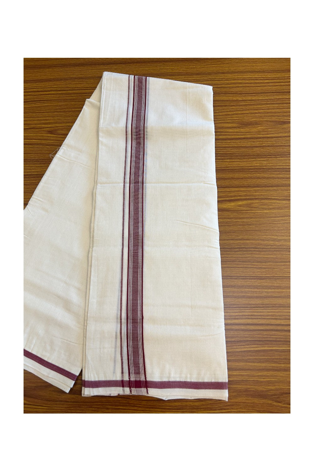 23% DISCOUNT! KaithariKada BALARAMAPURAM HANDLOOM Unakkupaav- 100% PURE Cotton 100x100 Double Mundu/Dhoti OFF WHITE (Unbleached) - Maroon Stripes Kara