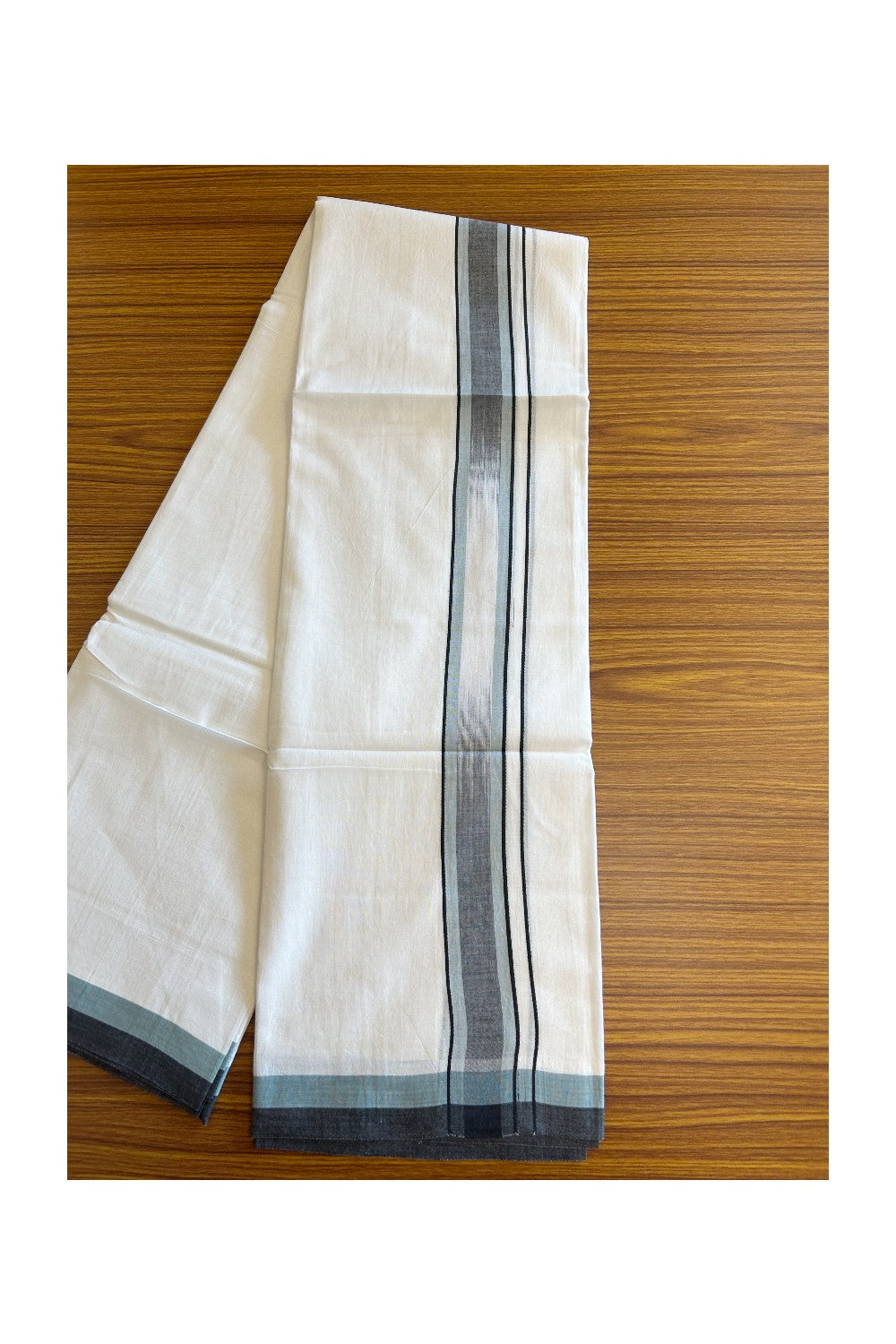 20% DISCOUNT!! KaithariKada Balaramapuram 100% Cotton PURE WHITE Double Mundu/Dhoti - 100x80 - 1.75 inch Pestel Blue & Black Shaded stripes Chutty kara - 30KK5109THI