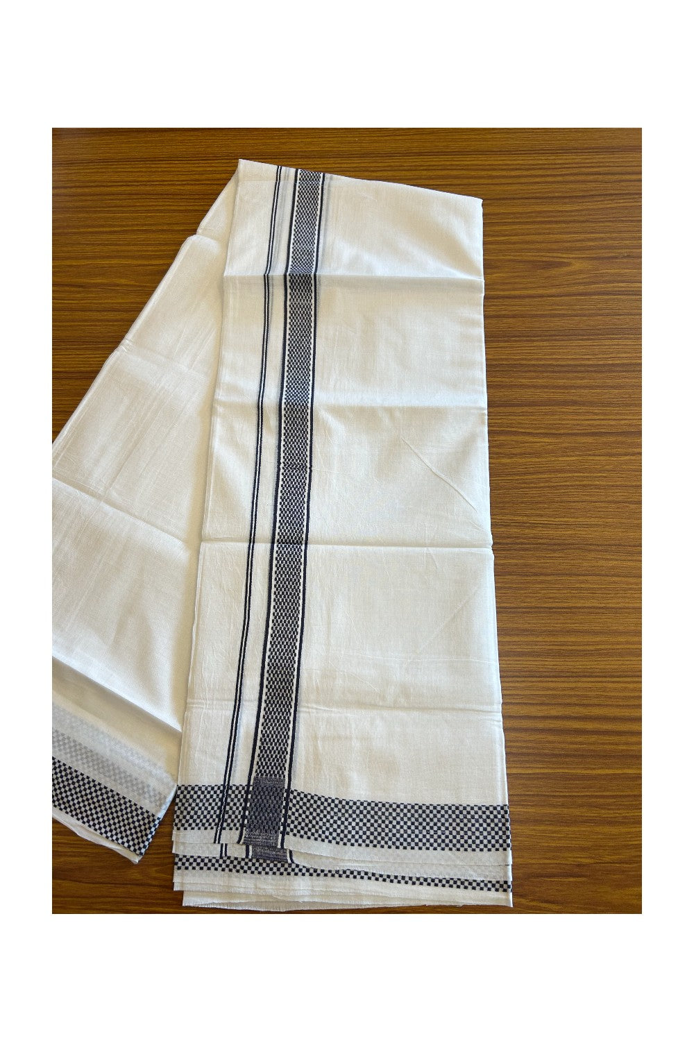 20% DISCOUNT! KaithariKada Balaramapuram 100% Cotton Double PURE white Mundu/Dhoti - 100x80 - 1.75 Inch Navy Blue Check Kara - 30KK5112PMC