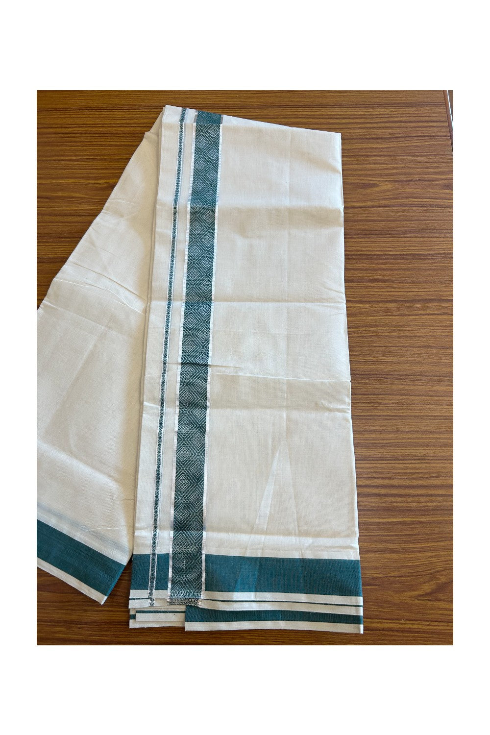 20% DISCOUNT ! KaithariKada Balaramapuram 100% Cotton Double off white  (Unbleached) Mundu/Dhoti - 100X90 - 2.25 inch Silver kasavu & Dark Green design kara - 30KK5113PMC