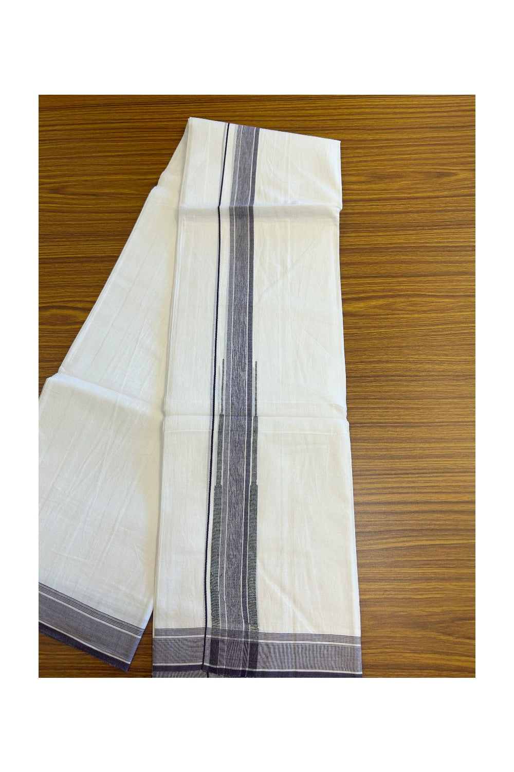 20% DISCOUNT!! Kaitharikada Balaramapuram 100% Cotton PURE WHITE Double Mundu/Dothi-80X90 - 1.75 Inch Wine Purple & Black Striped Chutty Kara 3.70m (8 Muzham) - 49KK5115THI