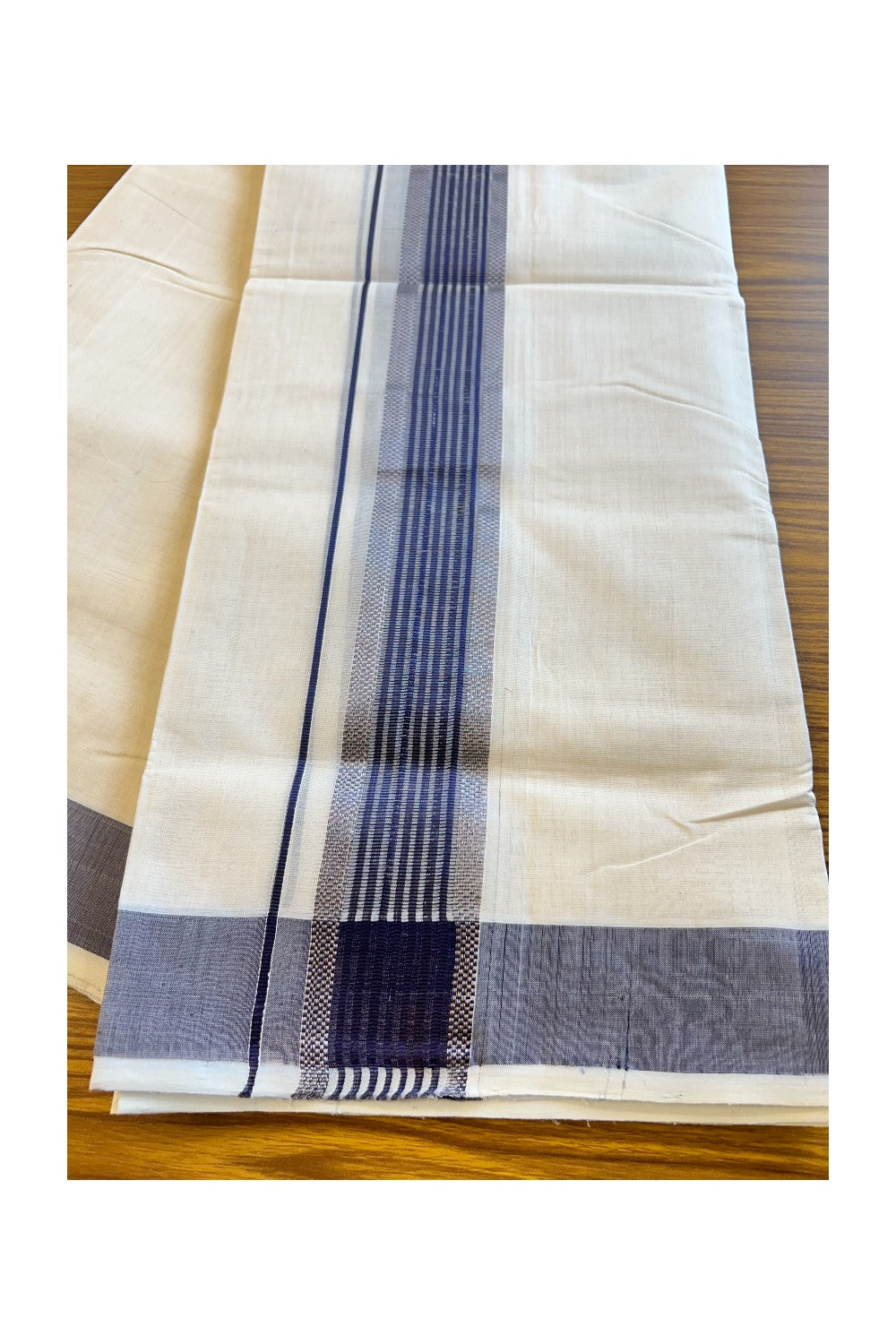 21% DISCOUNT!! KaithariKada HANDLOOM millpaav Balaramapuram - 100% PURE Cotton OFF White Double Mundu/Dothi - 2.75 inch Blue & Striped kara - 30KK203RAM