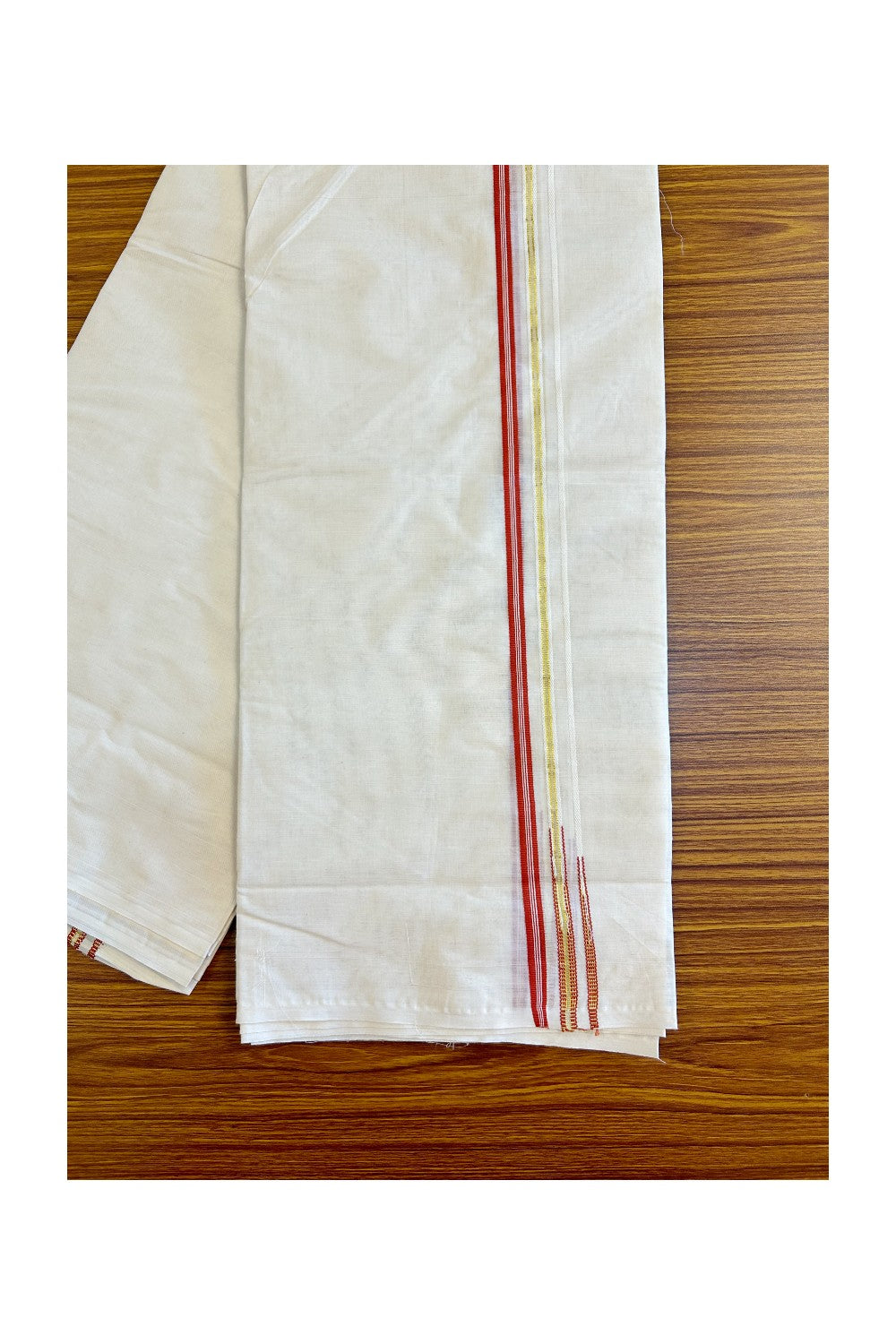 22% Discount Latest!! KaithariKada Balaramapuram 100% Cotton Off white (Unbleached) Double  Mundu/Dhoti-100x100 1.cm  Puliyilakkara Brick Red Striped kara & Kasavu Double Chutty - Above 4 meters - 30KK455ASH