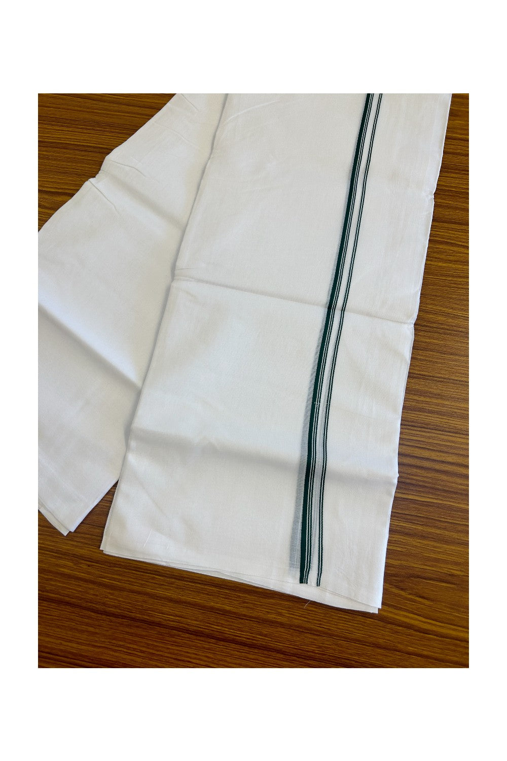 26% DISCOUNT ! KaithariKada Balaramapuram 100% Cotton Double Pure white Mundu/Dhoti-100X100 - Dark Green & Stripes 2cm Kara. - 33KK487KK