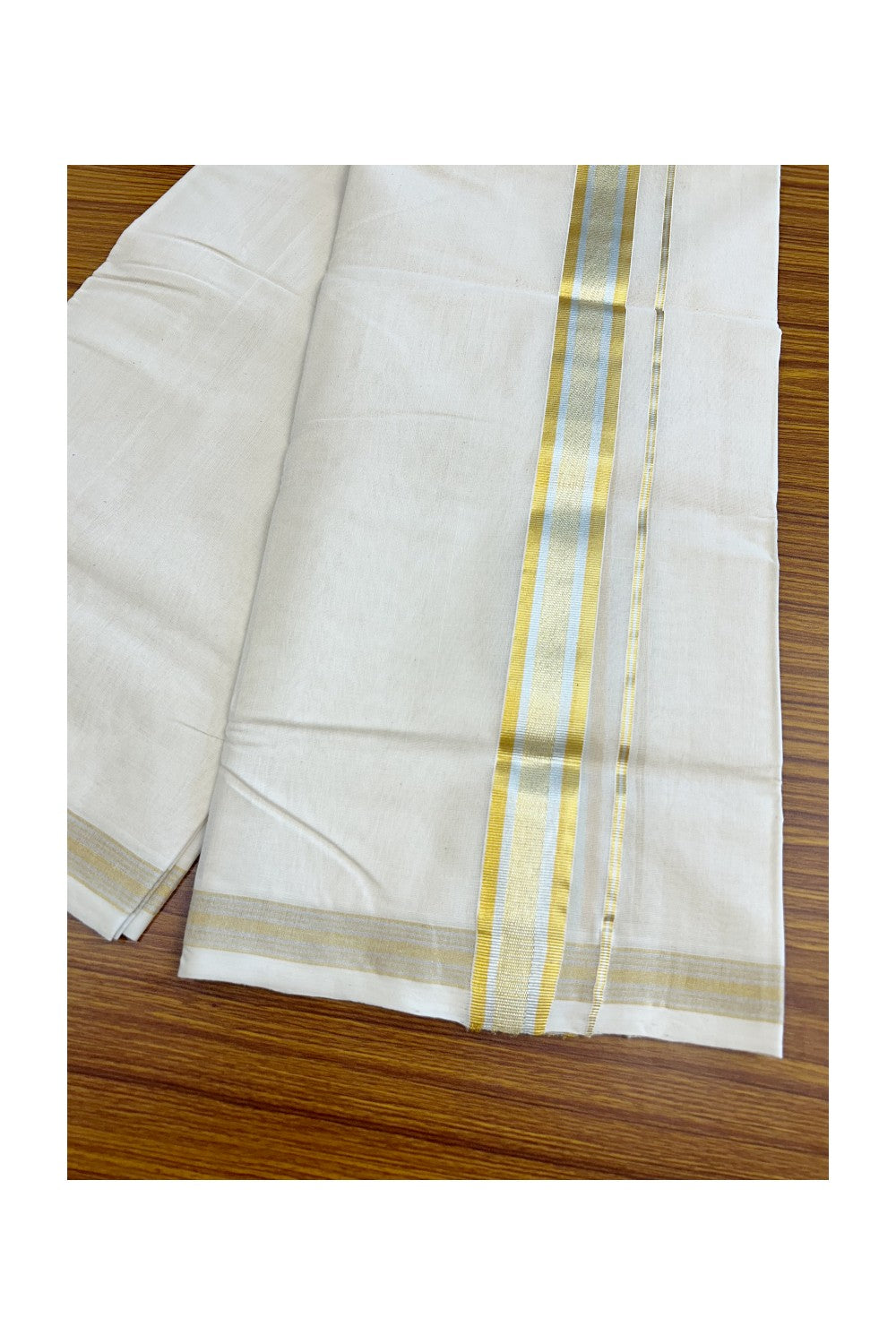 8% DISCOUNT ! KaithariKada HANDLOOM Millpaav Balaramapuram - 100% PURE Cotton Off White Double - (Unbleached) Mundu/Dhoti - 2.45 inch Gold Kasavu & Silver stripes Kara- 30KK5029RAM