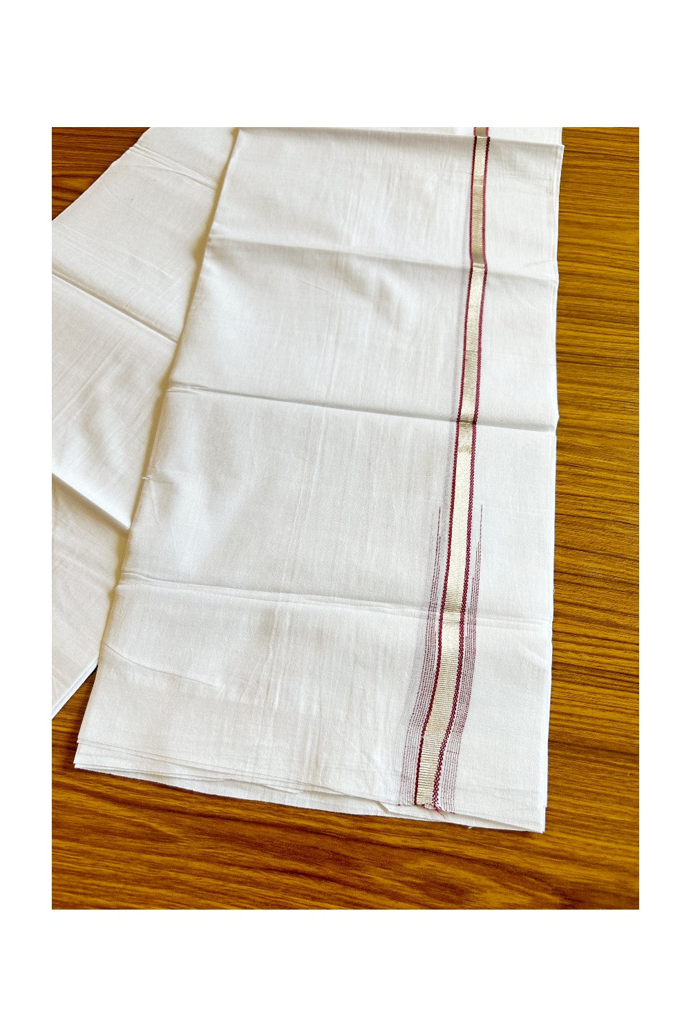 8% Discount ! Kaitharikada Balaramapuram 100% Cotton PURE WHITE Double Mundu/Dothi- 0.5 inch Silver Kasavu & Maroon Striped Chutty Kara - 30KK5032GAN