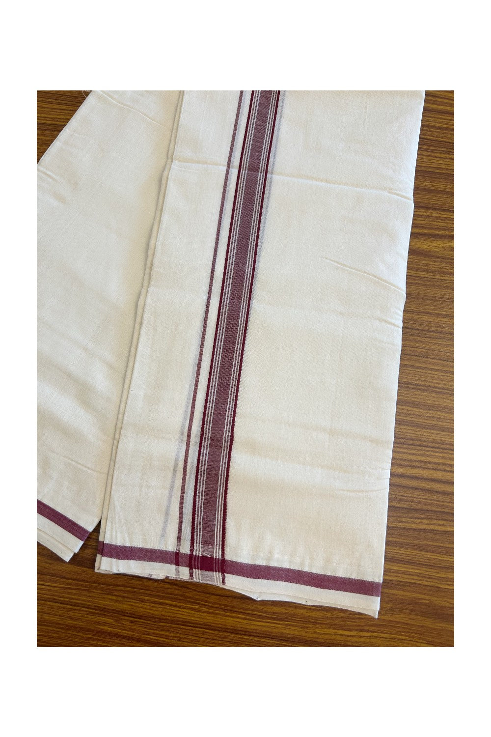 23% DISCOUNT! KaithariKada BALARAMAPURAM HANDLOOM Unakkupaav- 100% PURE Cotton 100x100 Double Mundu/Dhoti OFF WHITE (Unbleached) - Maroon Stripes Kara