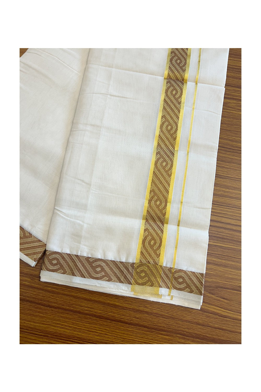 30% DISCOUNT ! KaithariKada HANDLOOM Unakkupaav Balaramapuram - 100% PURE Cotton Off White - (Unbleached) Double Mundu/Dhoti - 2.5 inch Gold Kasavu Striped Design Kara - 30KK5105RAM