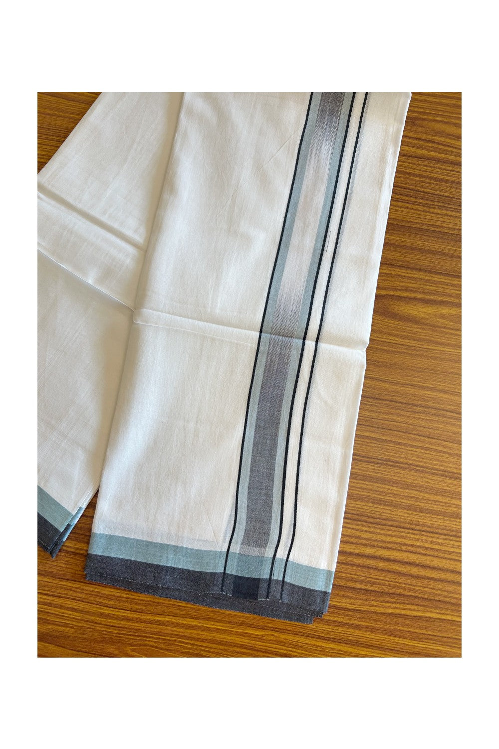 20% DISCOUNT!! KaithariKada Balaramapuram 100% Cotton PURE WHITE Double Mundu/Dhoti - 100x80 - 1.75 inch Pestel Blue & Black Shaded stripes Chutty kara - 30KK5109THI