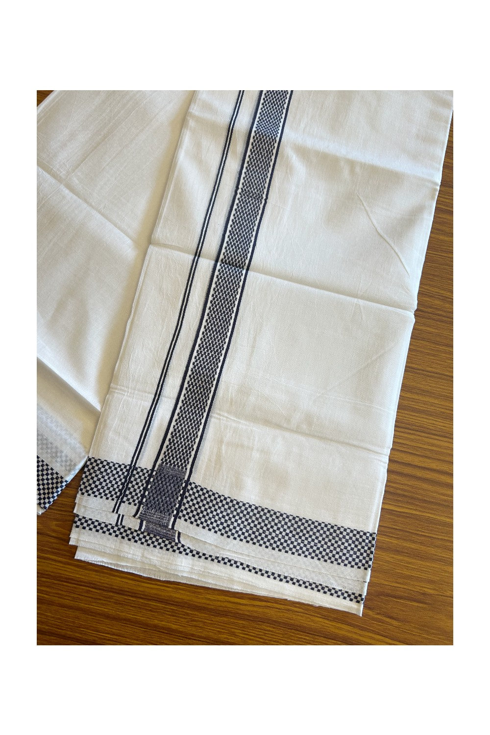 20% DISCOUNT! KaithariKada Balaramapuram 100% Cotton Double PURE white Mundu/Dhoti - 100x80 - 1.75 Inch Navy Blue Check Kara - 30KK5112PMC