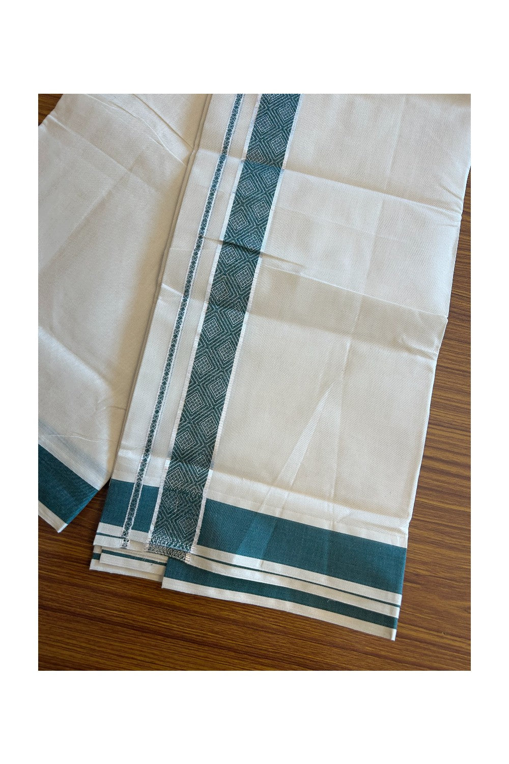 20% DISCOUNT ! KaithariKada Balaramapuram 100% Cotton Double off white  (Unbleached) Mundu/Dhoti - 100X90 - 2.25 inch Silver kasavu & Dark Green design kara - 30KK5113PMC