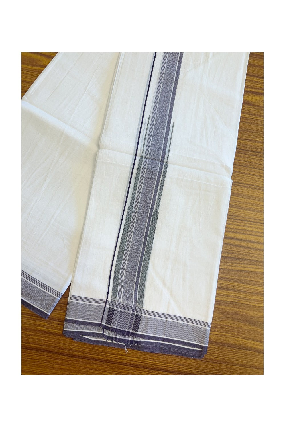 20% DISCOUNT!! Kaitharikada Balaramapuram 100% Cotton PURE WHITE Double Mundu/Dothi-80X90 - 1.75 Inch Wine Purple & Black Striped Chutty Kara 3.70m (8 Muzham) - 49KK5115THI