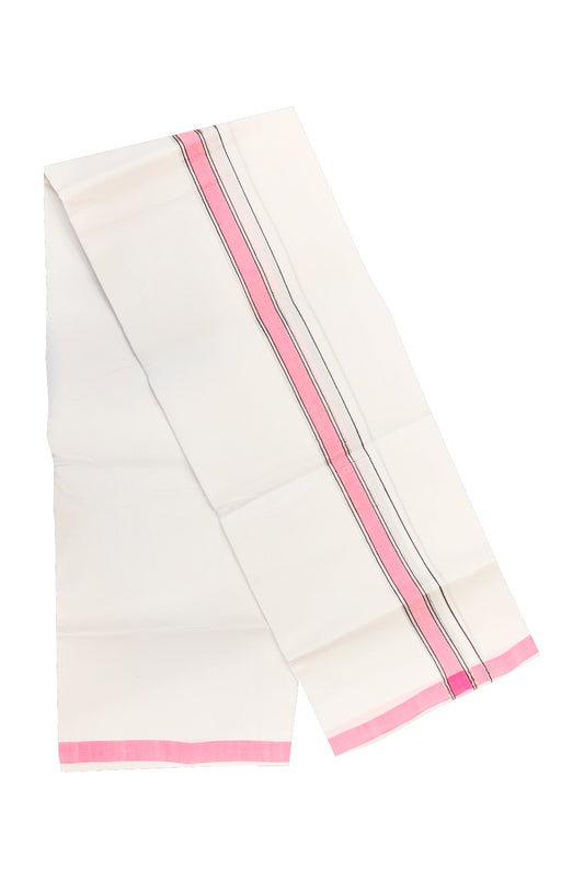 20% OFFER! KaithariKada 100% Cotton Balaramapuram HANDLOOM Single  PURE WHITE Mundu/Dhoti - 1.75 inch Pink  Silver Kasavu Kara &  Stripes Design - 31KAI.