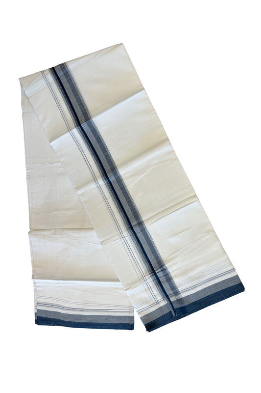 15% DISCOUNT!! Kaitharikada Balaramapuram 100% Cotton Ultra WHITE Double Mundu/Dothi-100x90  2.25 Inch Dark Peacock blue & White shaded stripes kara - 31KK430VAS