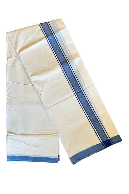 15% DISCOUNT!! KaithariKada HANDLOOM UNAKKUPAAV Balaramapuram - 100% PURE Cotton OFF White (Unbleached) Double Mundu/Dothi - 1.75 Inch Blue Kara - 31KK456KK