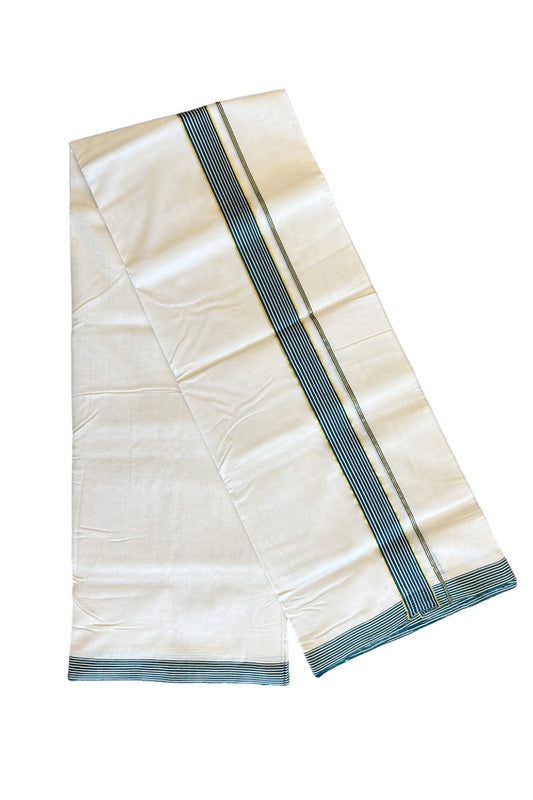 15% Discount!!! KaithariKada HANDLOOM UNAKKUPAAV Balaramapuram - 100% PURE Cotton off white (Unbleached) Double Mundu/Dhoti - Kasavu Dark green & White stripes kara - 31KK458SOM