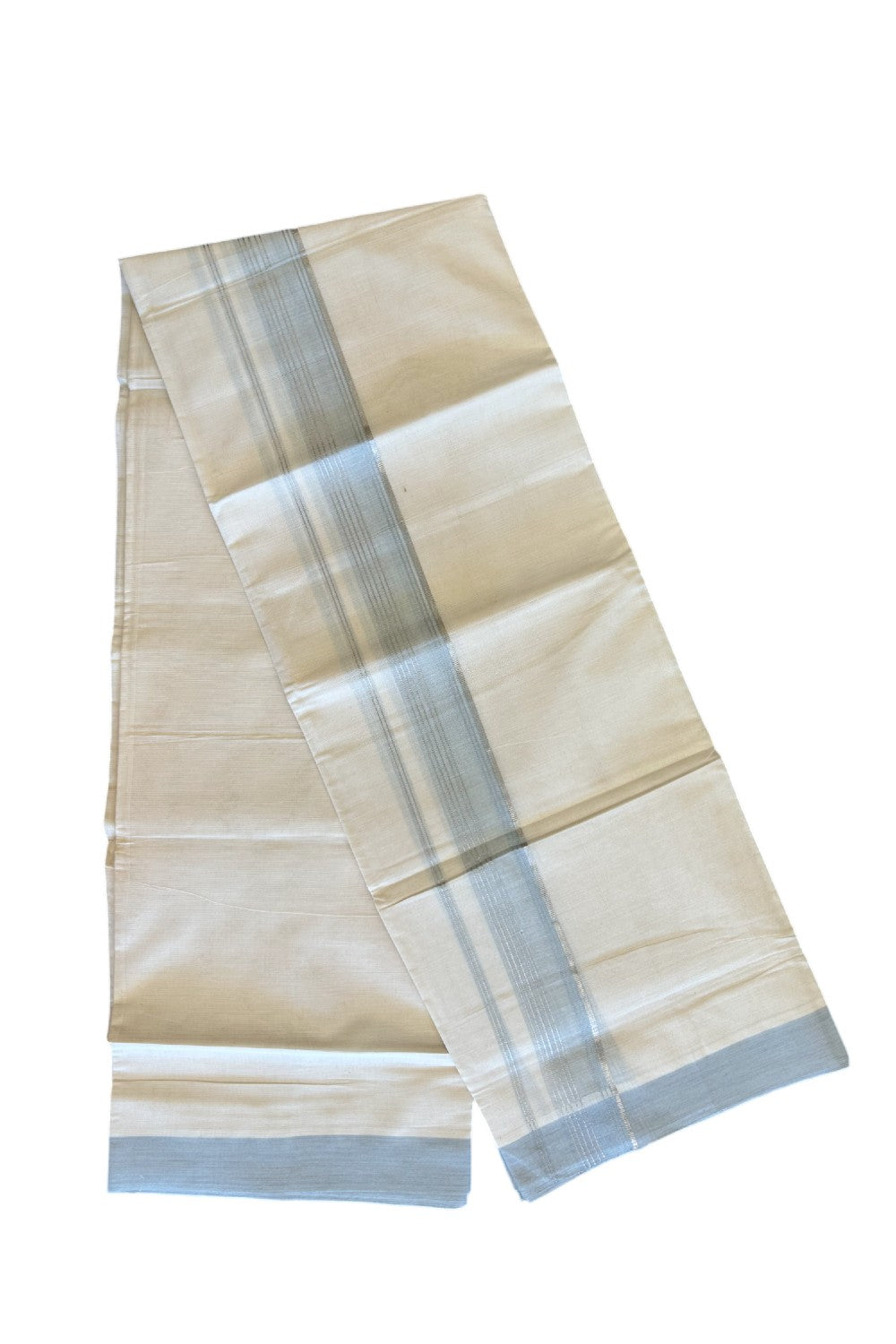 10% DISCOUNT ! KaithariKada Balaramapuram 100% Cotton Double Off white Mundu/Dhoti-100X100- 2.25inch SILVER  KASAVU & Light BLUE Kara - 31KK500KK