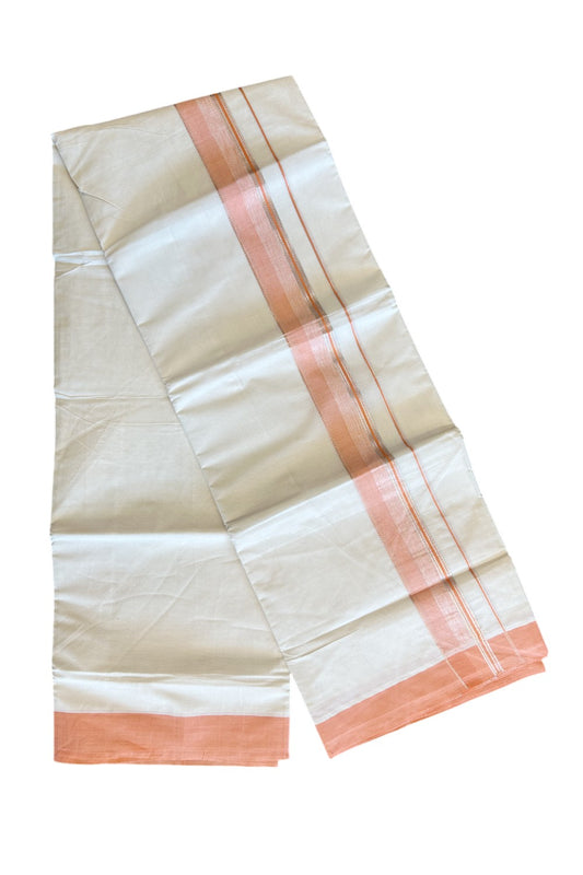 10% DISCOUNT ! .KaithariKada Balaramapuram 100% Cotton Double Off white - (Unbleached) - Mundu/Dhoti-100X100-2.5inch SILVER KASAVU & PEACH ORANGE Kara- 2.