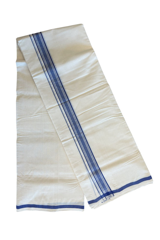 23% DISCOUNT! KaithariKada BALARAMAPURAM HANDLOOM Unakkupaav- 100% PURE Cotton 100x100 Double Mundu/Dhoti OFF WHITE (Unbleached) - Navy Stripes Kara