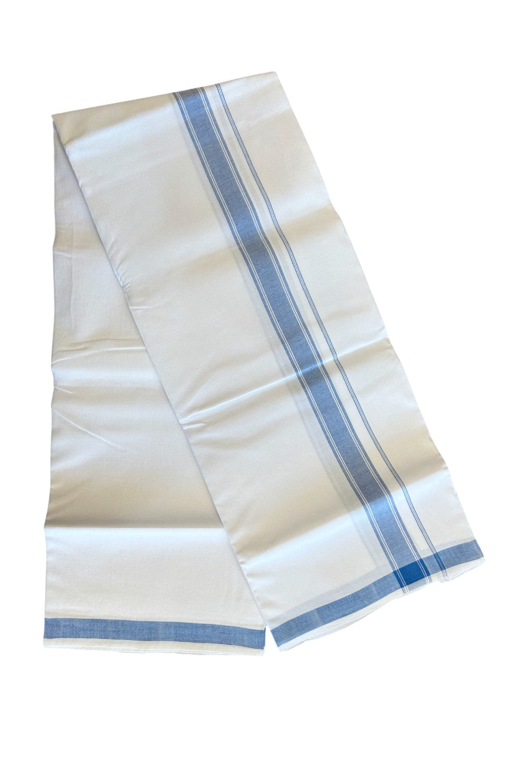 15% KaithariKada 100% PURE Cotton Balaramapuram HANDLOOM Pure white Single Mundu/Dhoti - 1.75 inch Blue Striped Kara - 31KK5067KK