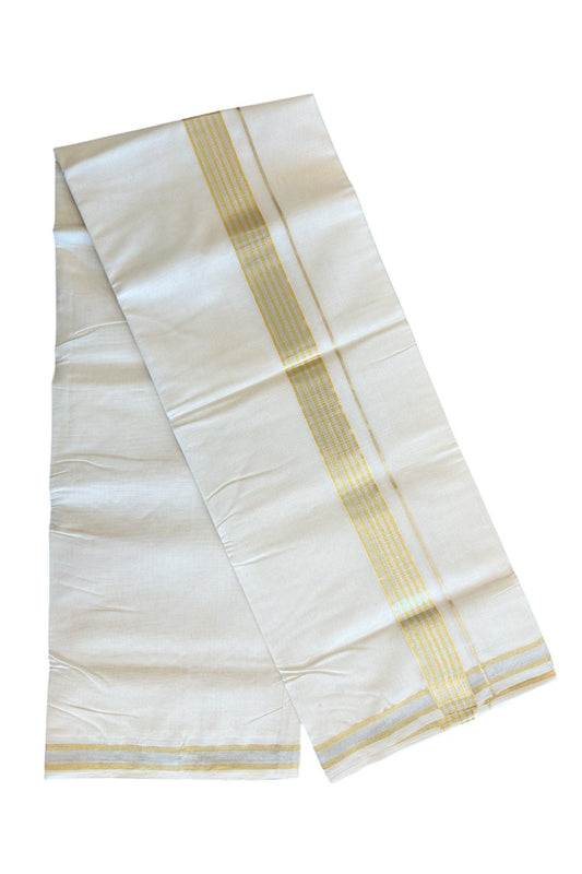 21% DISCOUNT ! KaithariKada HANDLOOM Millpaav Balaramapuram - 100% PURE Cotton Off White (Unbleached) Double Mundu/Dhoti - Gold Kasavu & Silver Striped Kara- 43KK203RAM