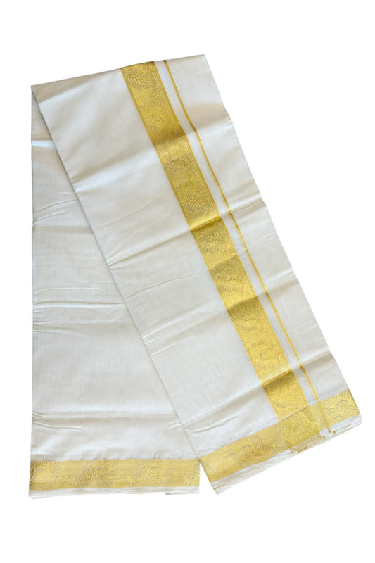 30% DISCOUNT ! KaithariKada HANDLOOM Unakkupaav Balaramapuram - 100% PURE Cotton Off White - (Unbleached) Double Mundu/Dhoti - 2.75 inch Gold Kasavu Peacock Feather Design Kara - 31KK5105RAM