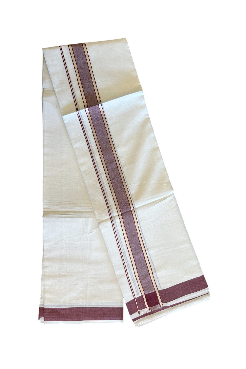 29% DISCOUNT! KaithariKada Balaramapuram 100% Mercerised Cotton Double PURE white Mundu/Dhoti - 100x100  2.25 inch Silver Kasavu & Maroon Kara - 31KK5108GAN