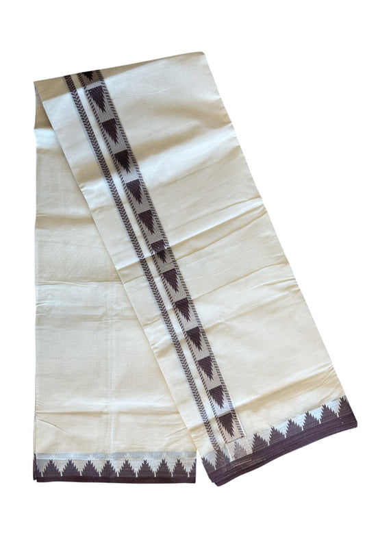 20% DISCOUNT ! KaithariKada Balaramapuram 100% Cotton Double off white  (Unbleached) Mundu/Dhoti - 100X90 - 2.25 inch Silver kasavu & Brown Temple design kara - 31KK5113PMC