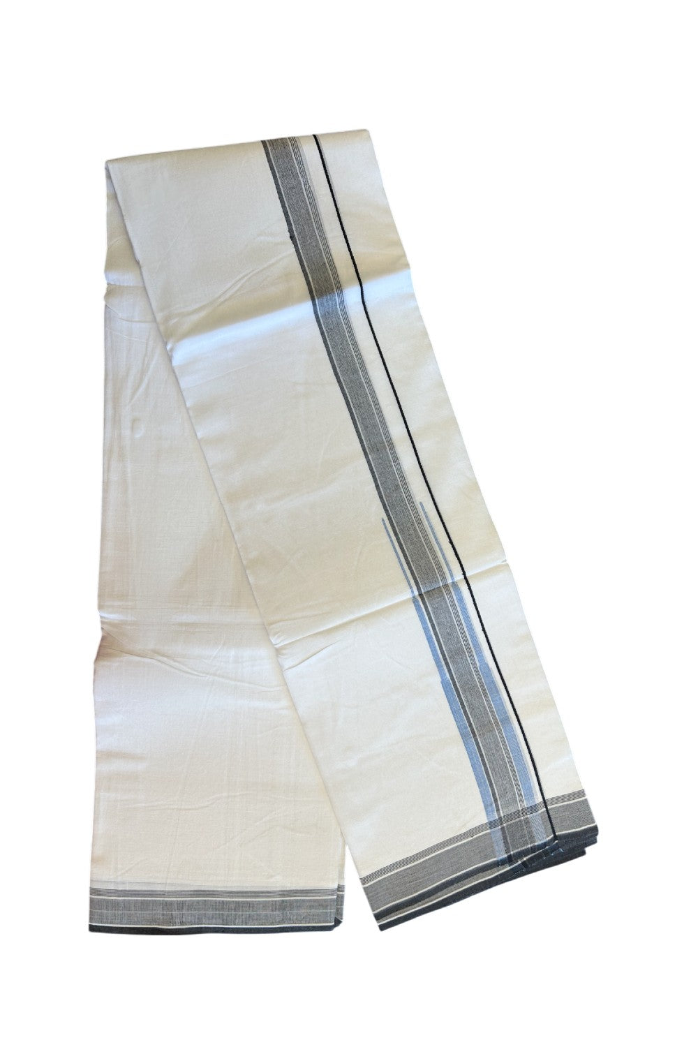 20% DISCOUNT!! Kaitharikada Balaramapuram 100% Cotton PURE WHITE Double Mundu/Dothi-80X90 - 1.75 Inch Light Blue & Black Striped Chutty Kara 3.70m (8 Muzham) - 50KK5115THI